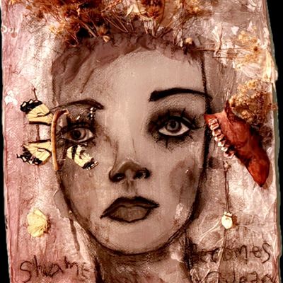 Abstract portrait of a woman's face with insects and organic elements.