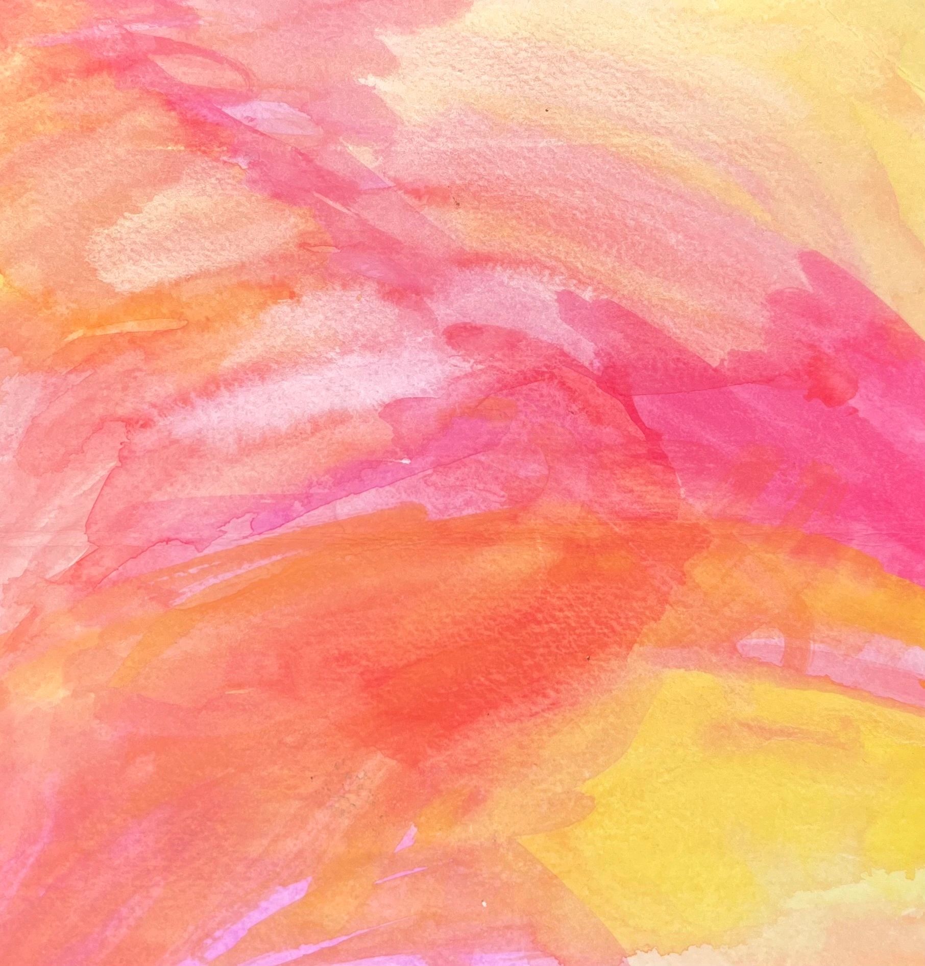 Abstract watercolor painting with pink, orange, and yellow hues.