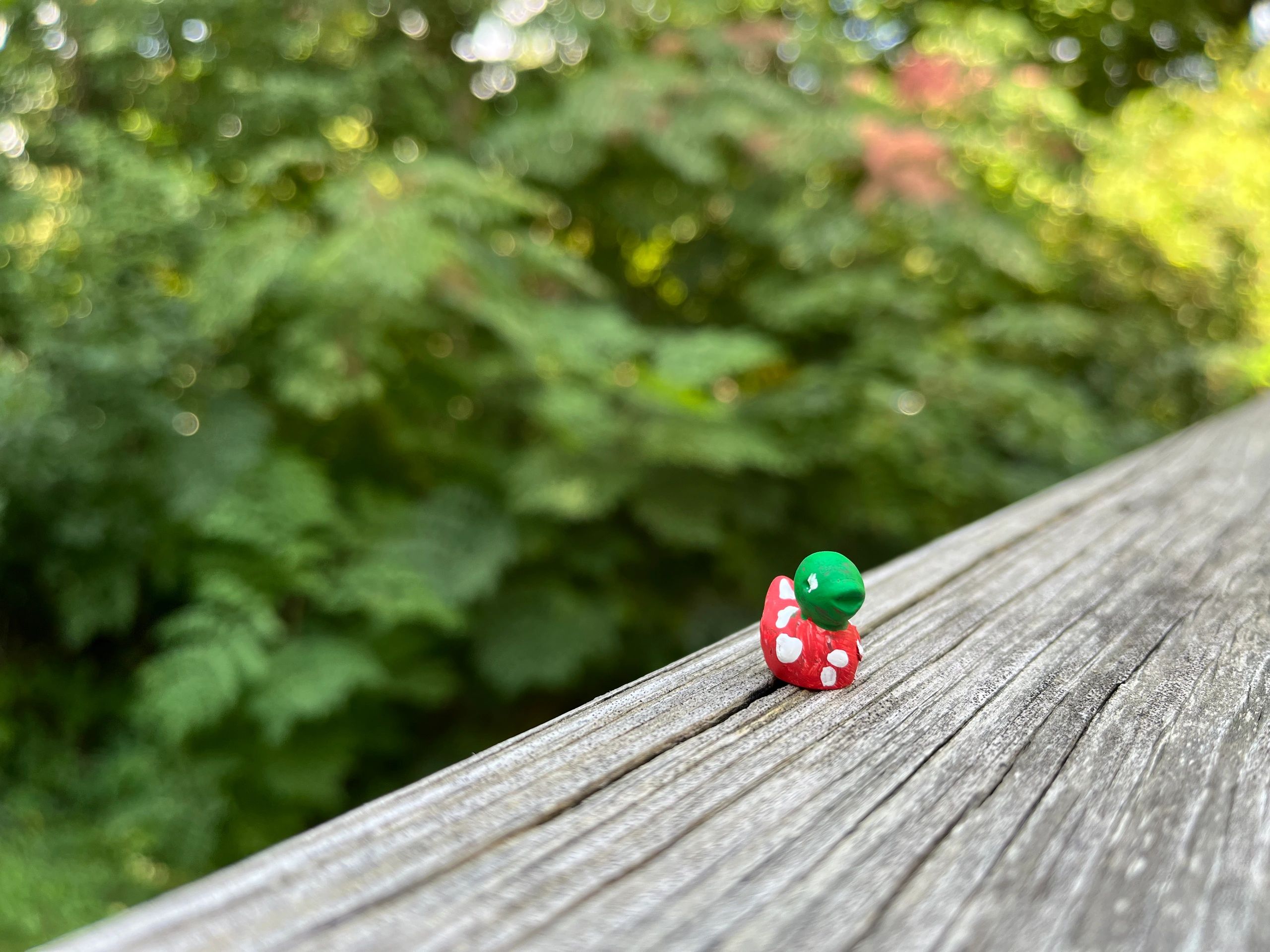 A small green figurine on a wooden surface with greenery in the background.