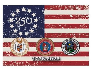 A vintage American flag with 250 stars and three village seals from 1776-2026.
