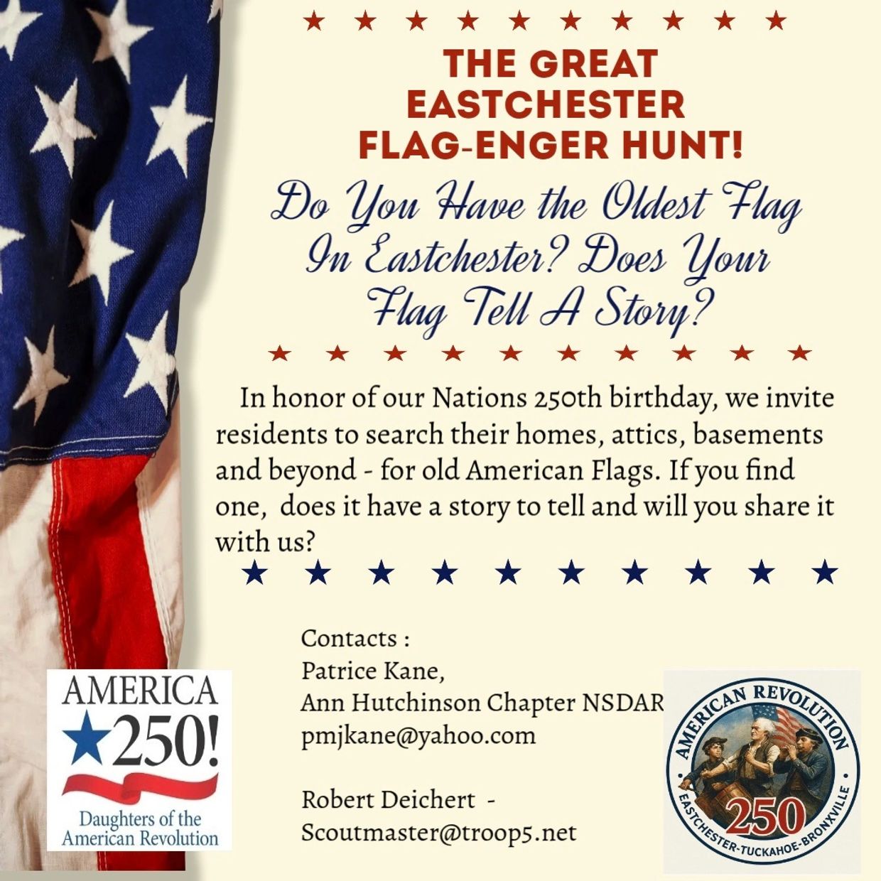 Announcement for Eastchester's flag hunt celebrating America's 250th birthday.