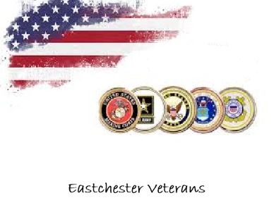 American flag with military branch emblems and Eastchester Veterans text.