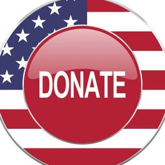 Red donate button over a circular American flag background.