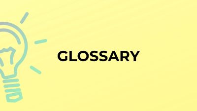 Glossary title with a light bulb icon on a yellow background.