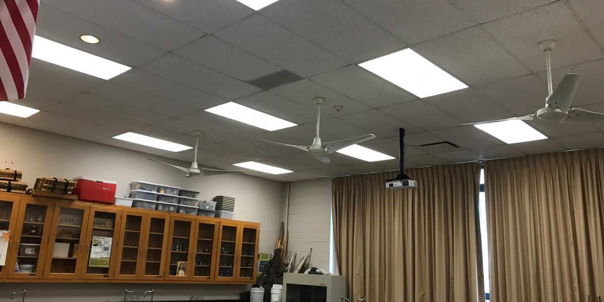 Classroom ceiling with fans and lights.