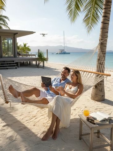Couple relaxing on a hammock by the beach, using a tablet with a drone flying nearby.