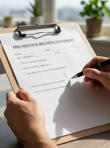 Person filling out a free health and wellness assessment form on a clipboard.