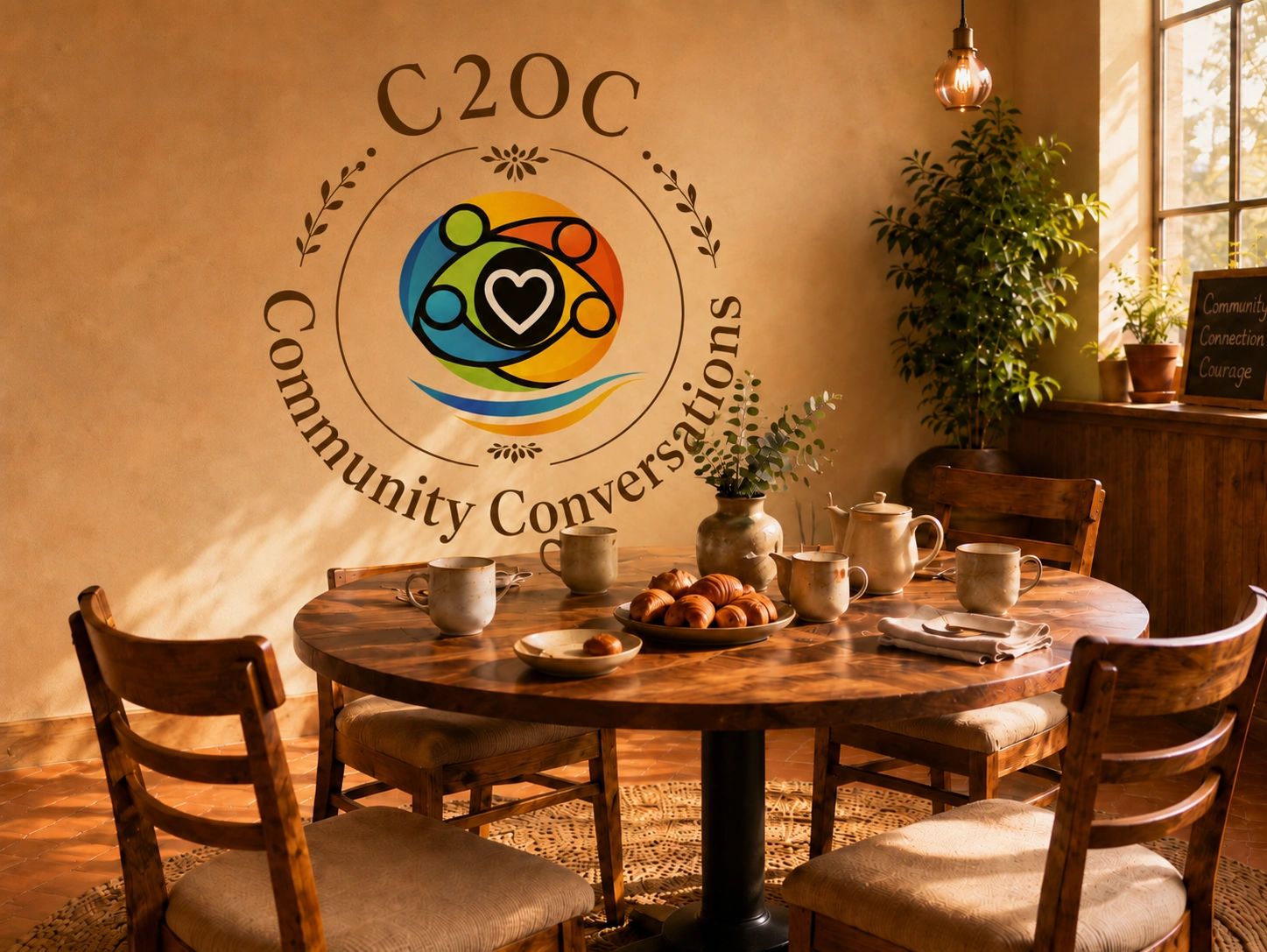 Cozy community conversation space with wooden table and pastries.