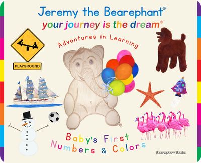 Colorful children's book cover featuring Jeremy the Bearephant and playful learning elements.