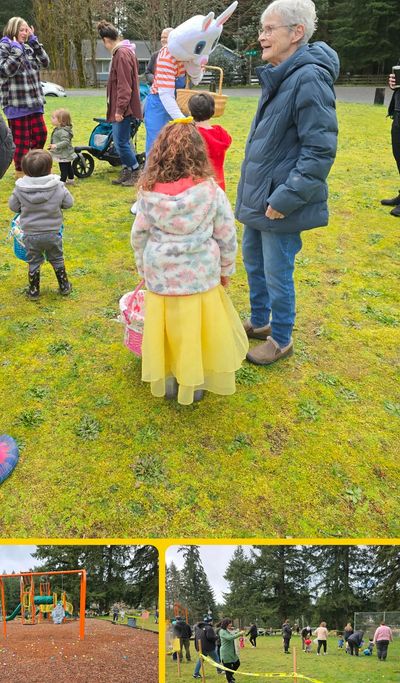 Children and adults enjoy an outdoor Easter egg hunt with an Easter Bunny mascot.