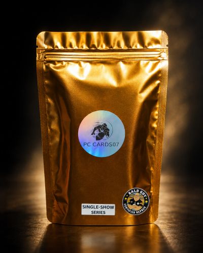Gold foil pouch with PC CARDS07 label and two stickers.