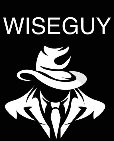 Black and white logo with a mysterious figure and 'WISEGUY' text.