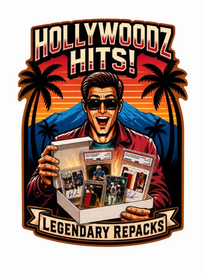 A stylish man holding sports card repacks under palm trees and sunset.