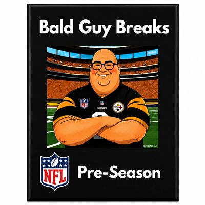 Cartoon bald man in Steelers jersey with NFL logo and text about pre-season.