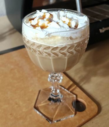 Carmel latte in vintage glassware