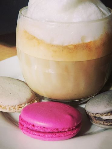 Single Soy Latte with Foam and Macarons