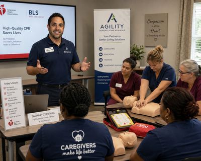 Dr. Zerbonia teaches assisted living caregivers  American Heart basic life support course.
