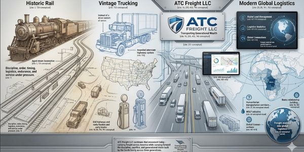 Illustration showing the evolution of freight transport from historic rail to modern global logistics.