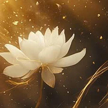 A luminous white lotus flower glowing against a golden sparkling background.