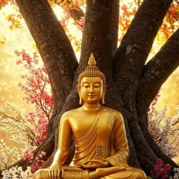 Golden Buddha statue meditating under a large tree with colorful blossoms.