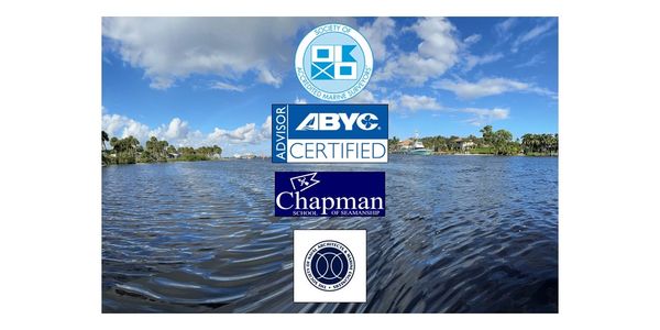 Logos of marine advisory and schooling organizations over water scenery.
