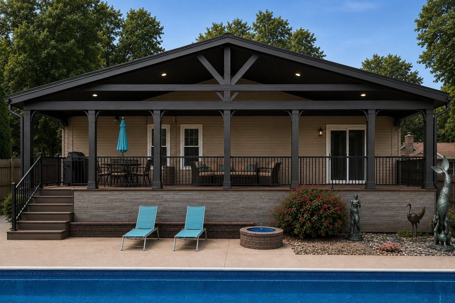 Decororative Gable King Trusses/ Covered Patio with composite decking and full spectrum LED exterior