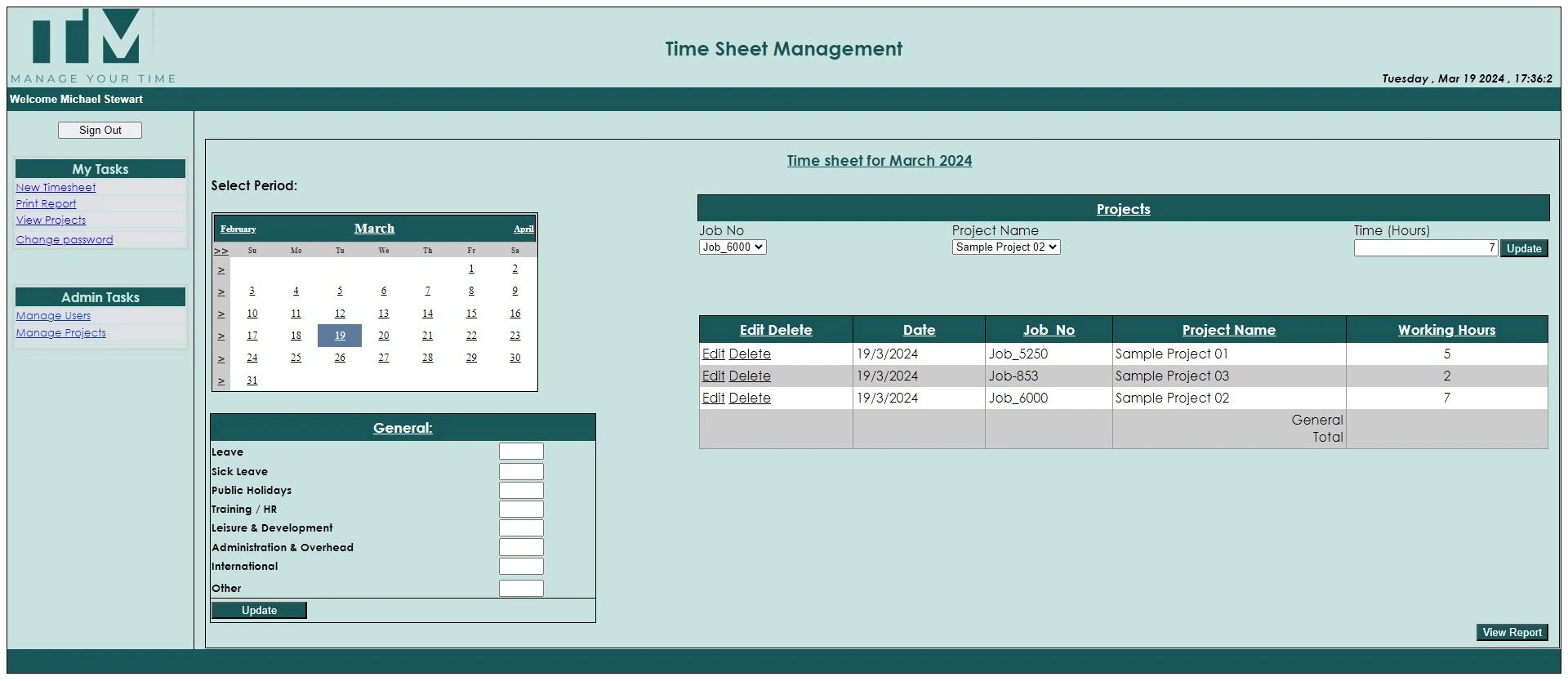 Time sheet Management - Main Page