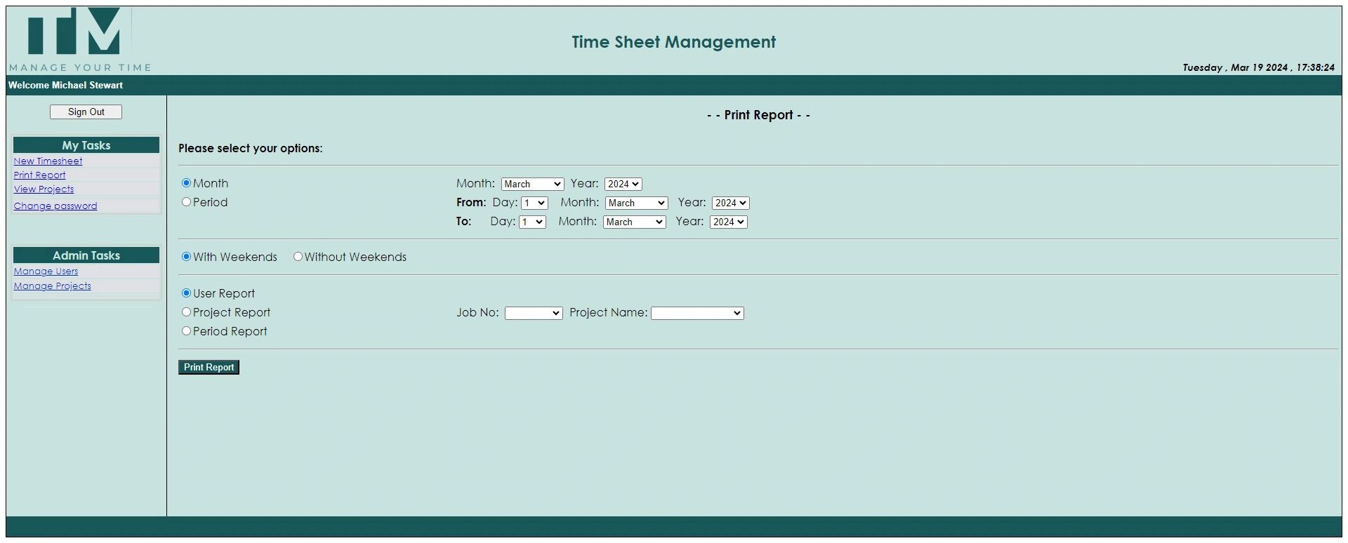 Time sheet Management - Print Report