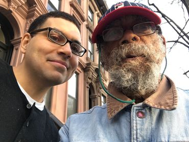Bill Lee with his son Arnold Tone Kaplan Lee aka T@NE. March 30 2019 in Brooklyn New York
