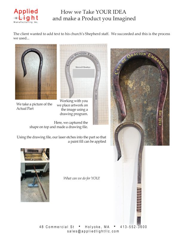 Process of adding custom text to a shepherd's staff using laser etching.