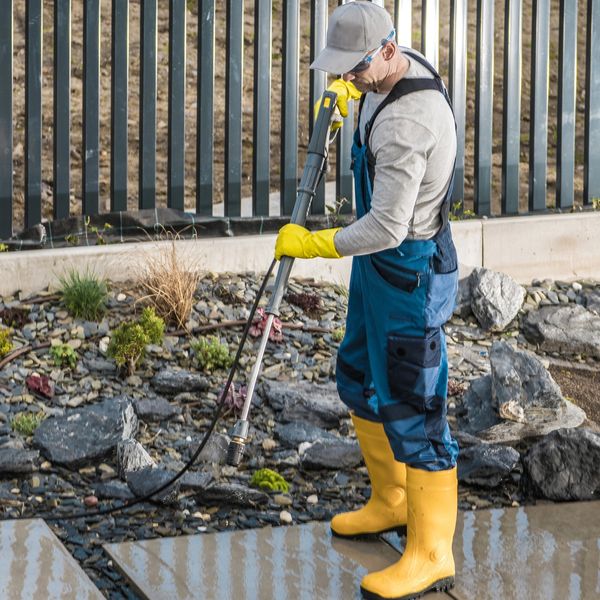 Man in yellow boots pressure washing a stone garden area.