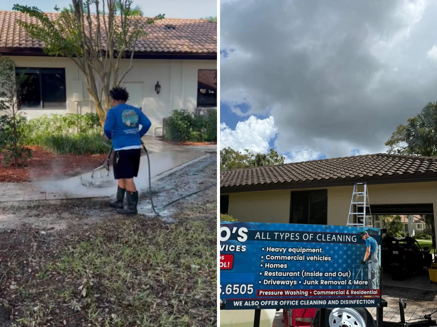 Man pressure washing driveway outside a house.