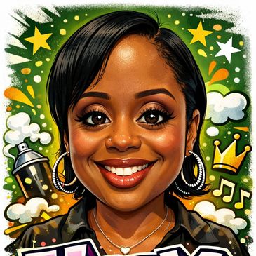 Colorful caricature of a smiling woman with stars and music notes.