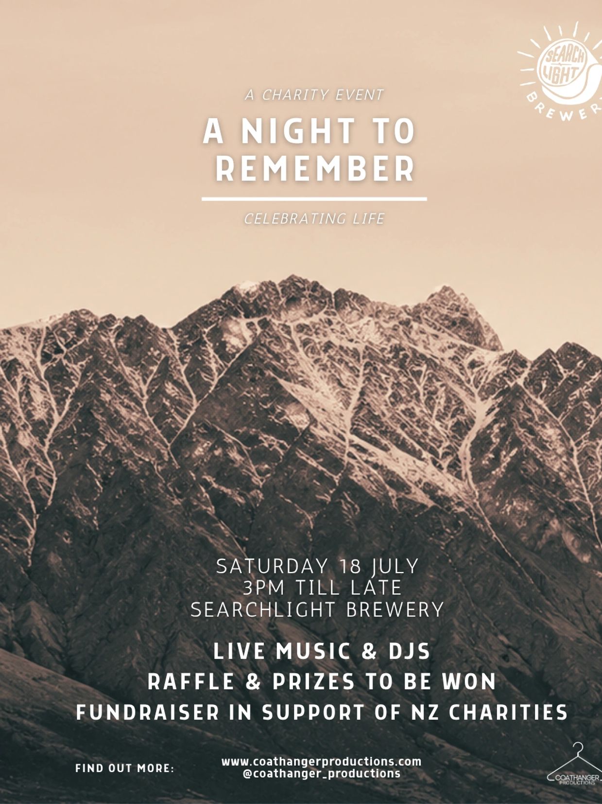 Charity event poster with mountain backdrop titled 'A Night to Remember'.