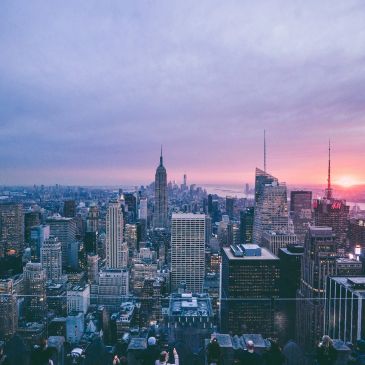 Sunset view of New York City skyline.