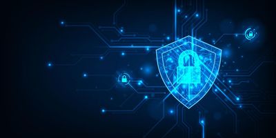 Digital shield with an open padlock symbolizing cybersecurity vulnerability.