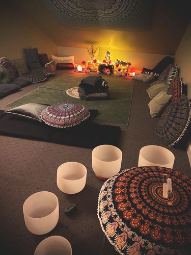 meditation room with crystal singing bowls
