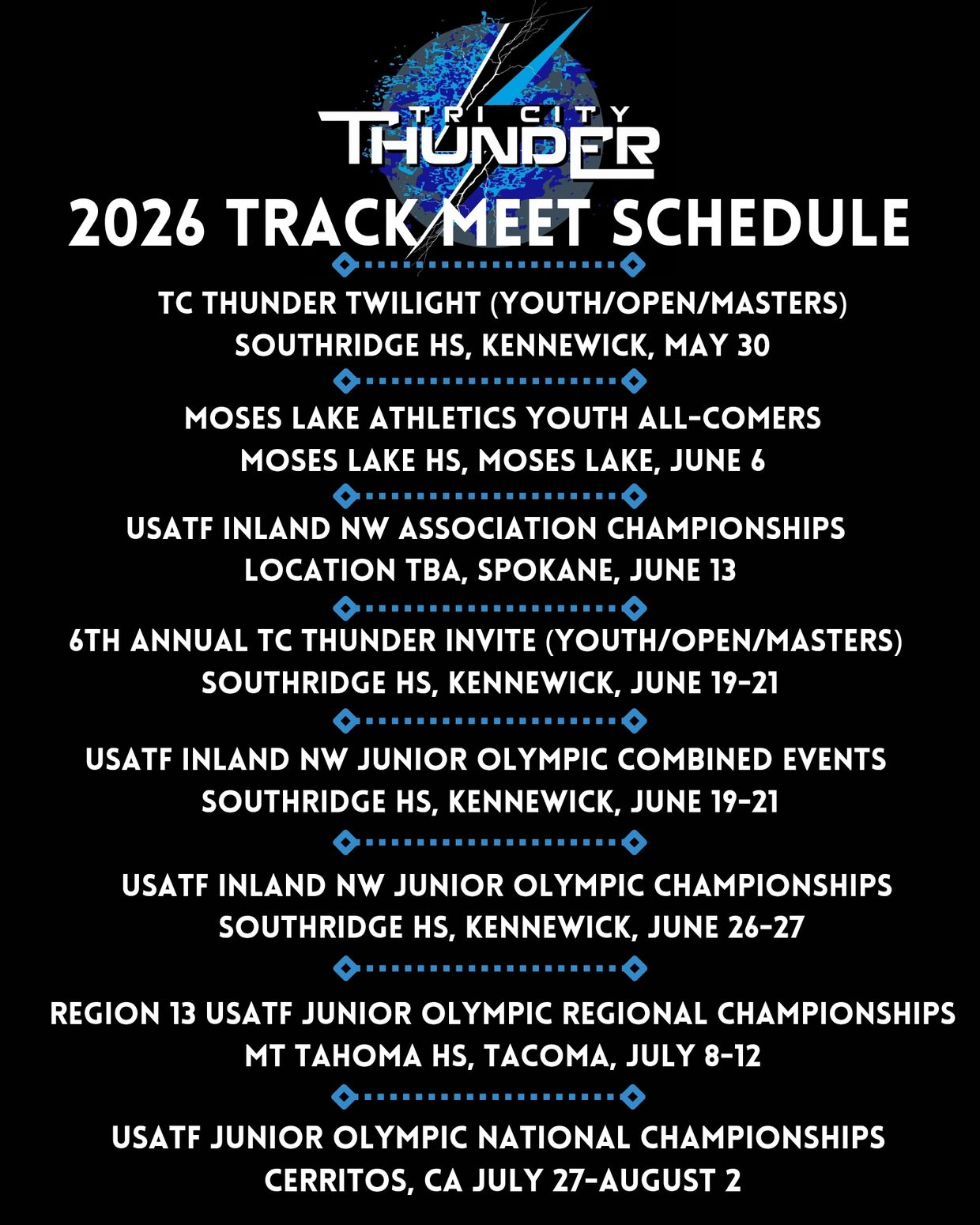 2026 TC Thunder Track Meet Schedule with dates and locations.