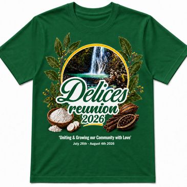 Green reunion t-shirt with waterfall and cocoa design for 2026 Delices event.