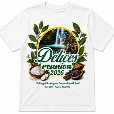 White T-shirt with Delices Reunion 2026 design featuring waterfall and cocoa beans.