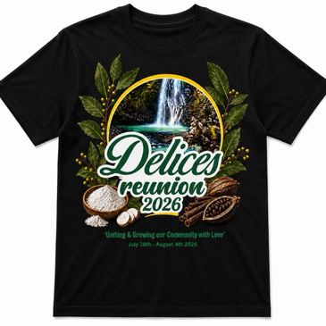Black T-shirt with Delices Reunion 2026 design featuring waterfall and cocoa.