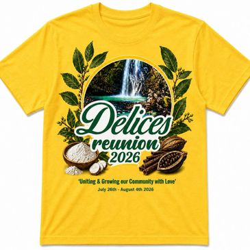 Yellow t-shirt with Delices Reunion 2026 design featuring a waterfall and cocoa plants.