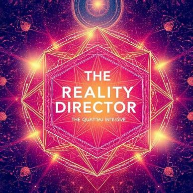 Bright, geometric cosmic design with text 'The Reality Director, The Quantum Intensive'.