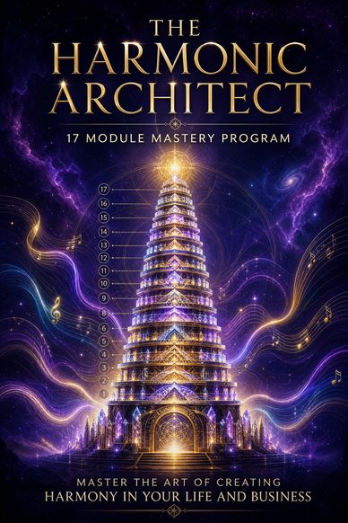 A radiant tower symbolizes a 17-module mastery program for creating harmony in life and business.