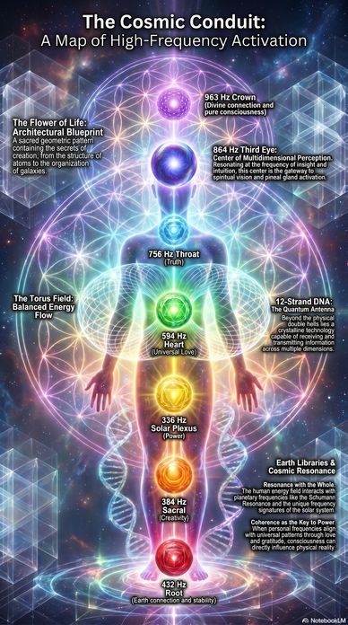 A cosmic map showing high-frequency activations of energy centers in the human body with spiritual meanings.