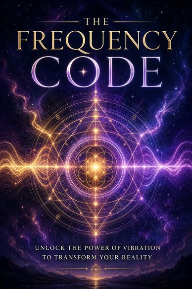 Book cover titled 'The Frequency Code' with cosmic and wave visuals.