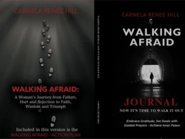 Book cover of 'Walking Afraid' by Carnela Renee Hill featuring footsteps fading into darkness.