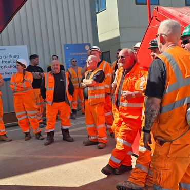 Workers waiting in a queue for FIsh & Chips from The Hungry Plaice and THP Corporate Catering