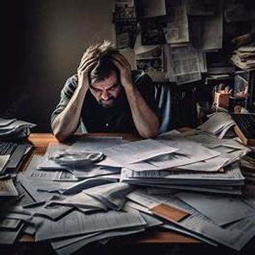 Overwhelmed man surrounded by piles of paperwork at a cluttered desk.