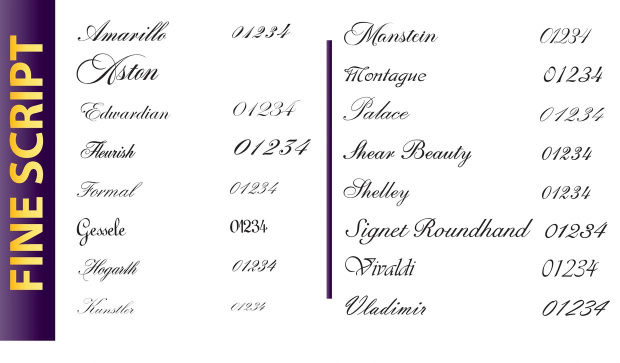 Various elegant fine script fonts with numbers displayed.